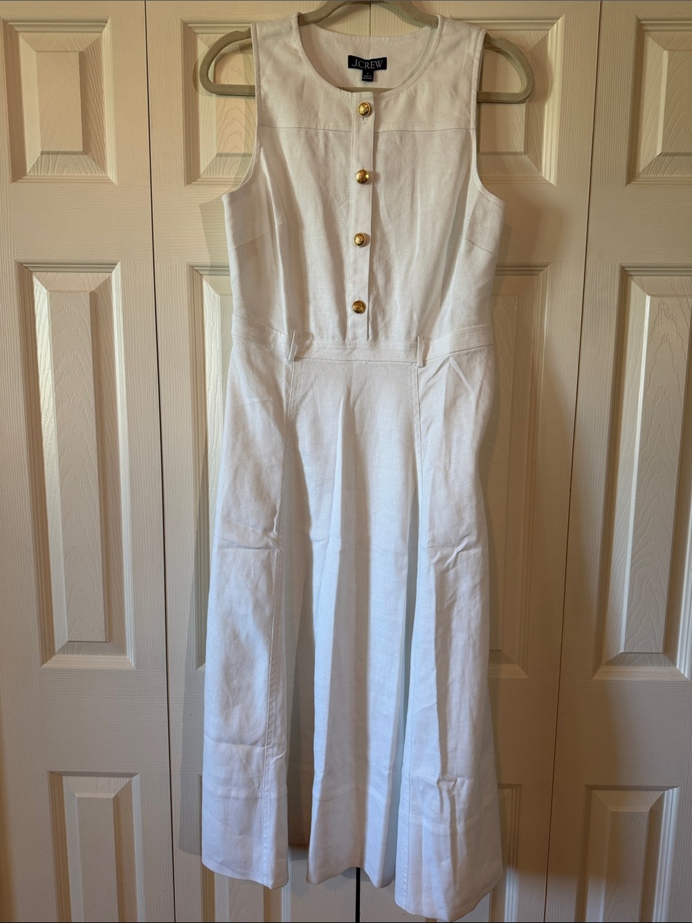 J. Crew White Sleeveless Linen Midi Dress with Gold Buttons
